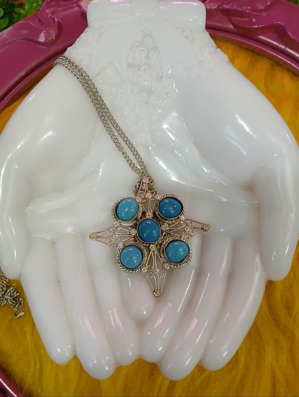 Vintage Silver Filigree Blue Stone Pendant Necklace